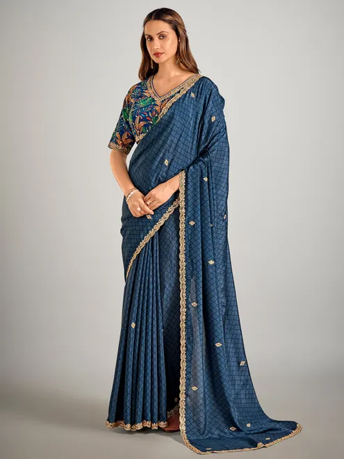 Printed blue satin silk saree