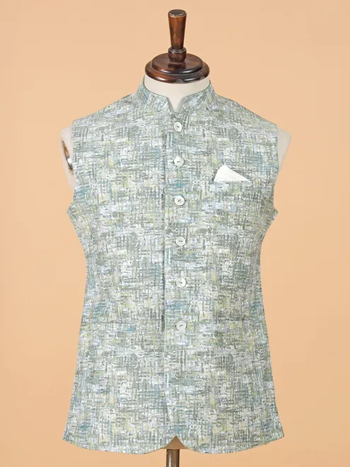 Green cotton silk printed waistcoat for men for festive