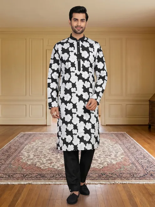 Black floral printed cotton kurta suit for festive