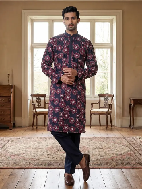 Navy floral printed cotton kurta pajama