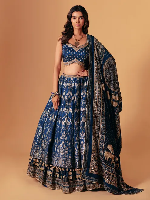 Rama blue silk bridal lehenga choli with pearls work