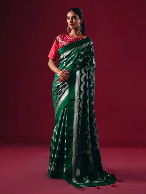 Green silk saree with silver zari weave