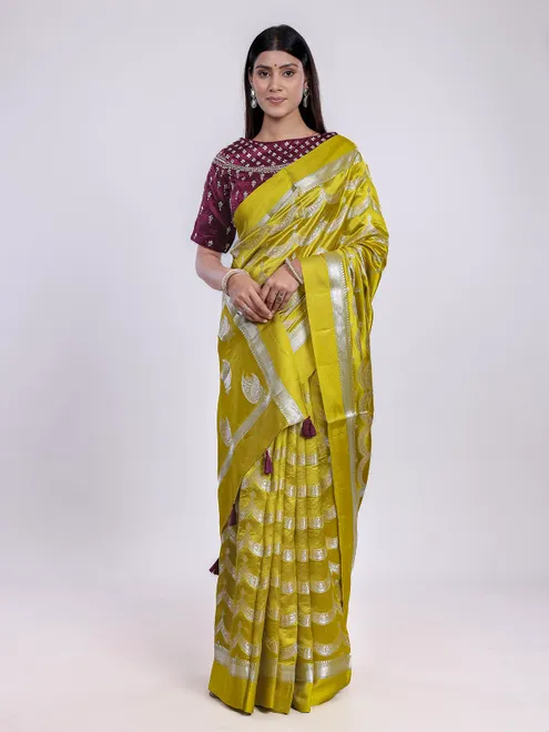 Mustard yellow saree with embroidered blouse charm