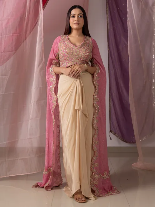Beige and pink satin silk indo western suit