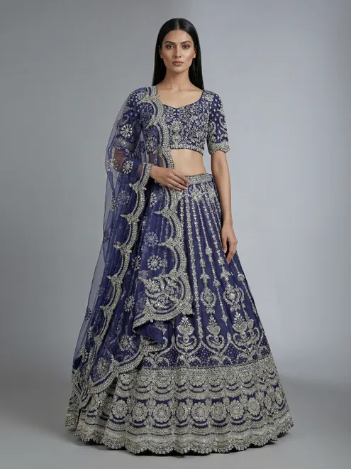 Rama blue silk zari beaded lehenga choli
