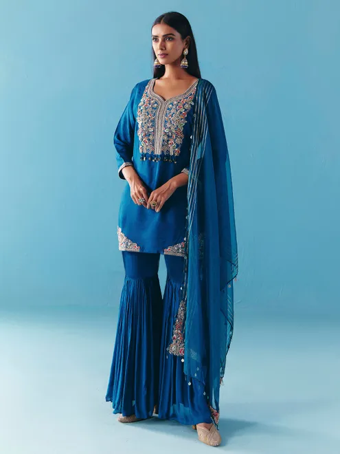 Blue silk pakistani sharara suit for women