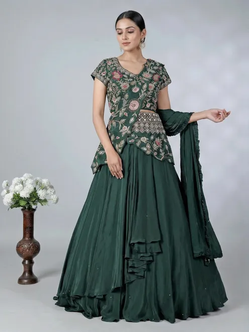 Bottle green crepe silk designer lehenga choli