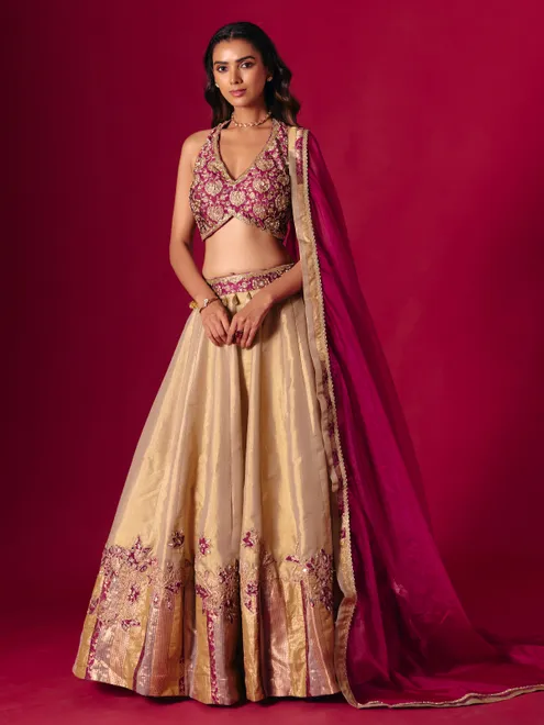 Wine and beige aabla zardosi lehenga choli