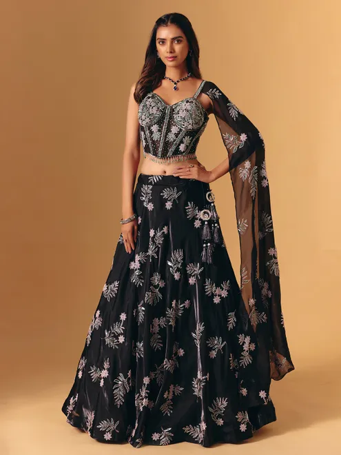 Black silk with attached dupatta lehenga choli set