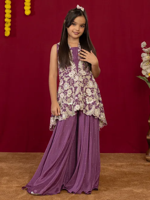 Purple georgette palazzo suit with cutdana work