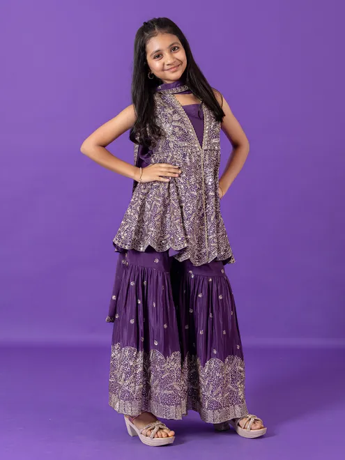Purple silk sleeveless sharara ensemble