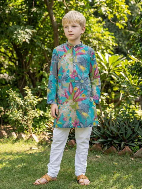 Aqua printed cotton silk kurta suit for festival
