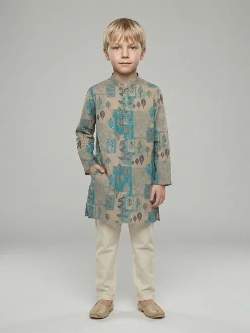 Ocean breeze beige and aqua printed kurta suit