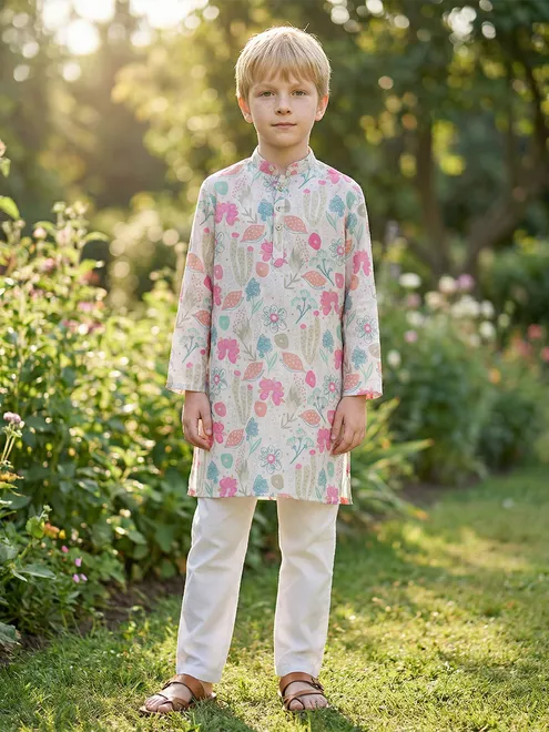 Ivory whisper off white printed silk kurta suit