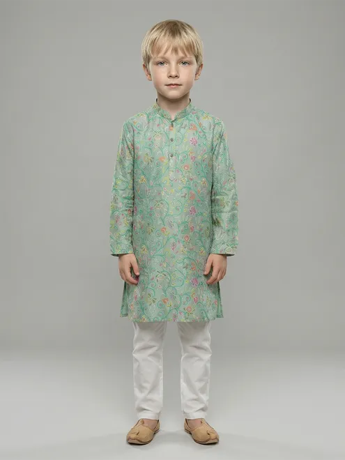 Spring leaf pista green threaded silk kurta suit