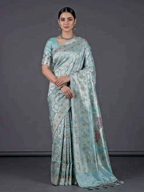 Light blue pure banarasi silk floral motif festive saree