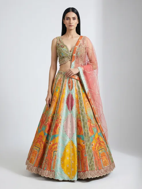 Multicolor printed silk lehenga choli for wedding celebration
