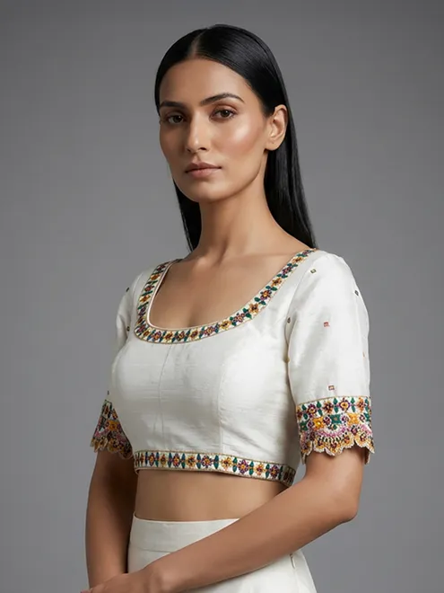 White raw silk aabla work round neck blouse