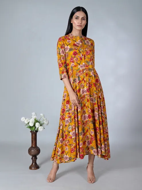 Mustard yellow floral printed cotton silk kurti