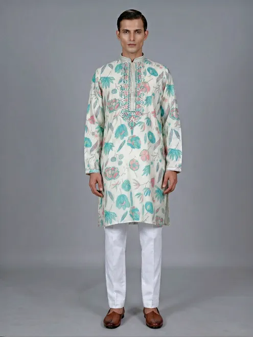 Off white and blueprinted cotton silk kurta suit
