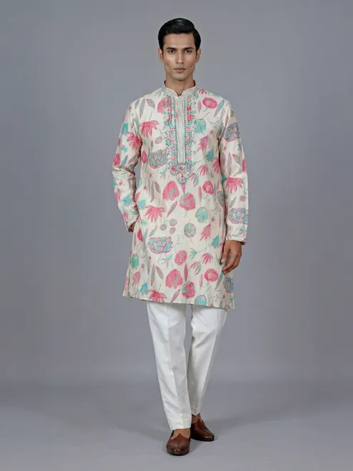 Pink and off white cotton silk kurta suit