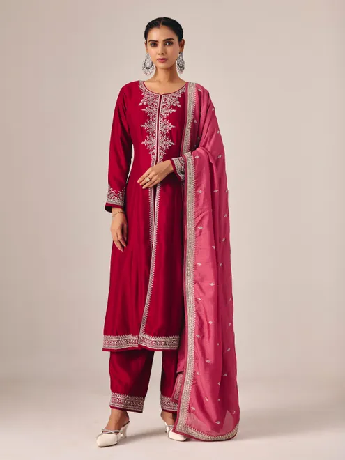 Deep red silk embroidered festive palazzo suit with dupatta