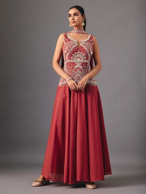 Brown chiffon embroidered palazzo suit with dupatta