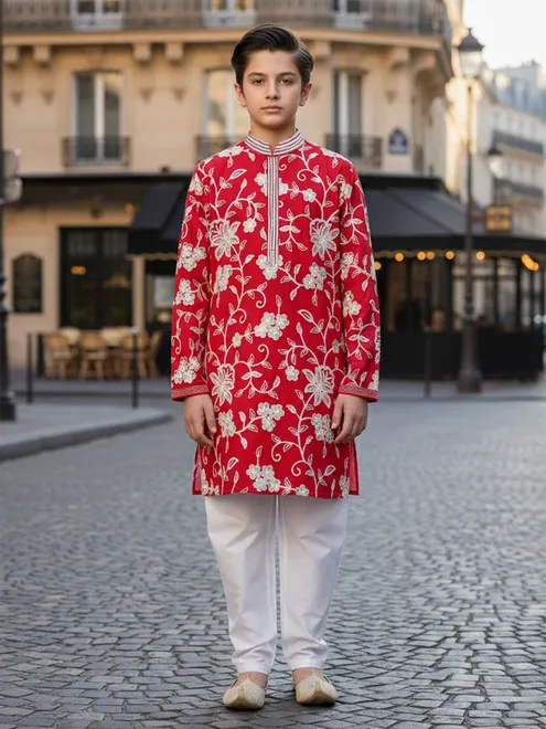 Red georgette thread worked kurta suit for wedding