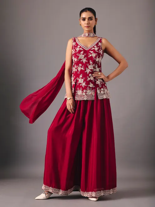 Maroon silk palazzo suit with rich festive detailing