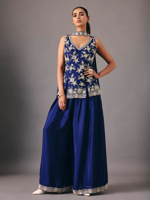 Navy blue silk palazzo suit elegant festive style