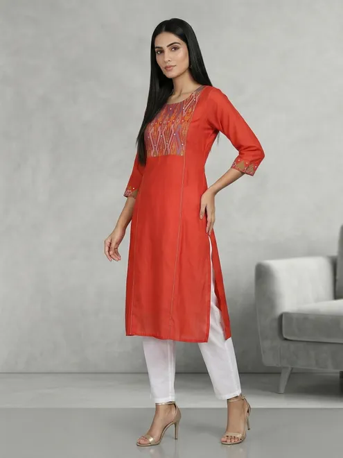 Orange cotton silk aabla thread yoke style kurti