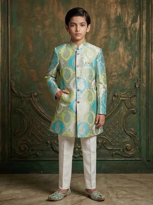 Pista green silk zari weave indowestern