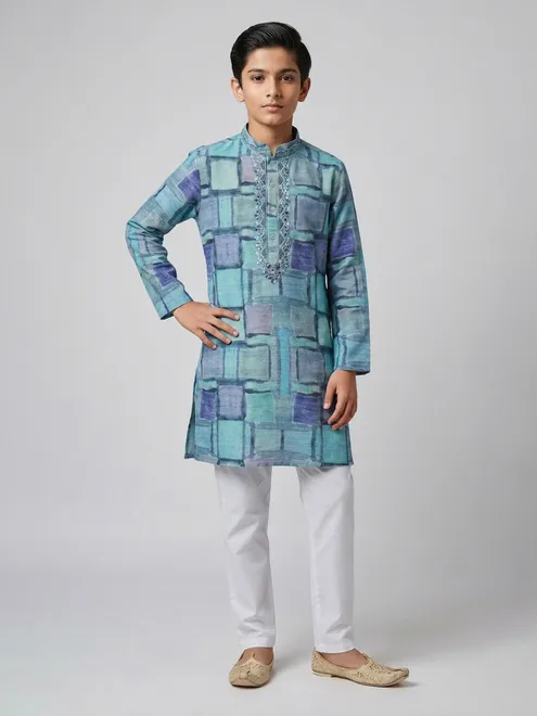 Light blue printed silk kurta suit
