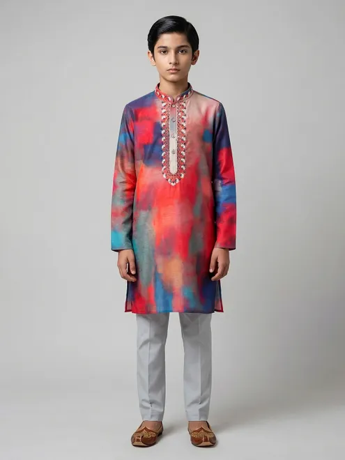 Red shaded print silk kurta suit