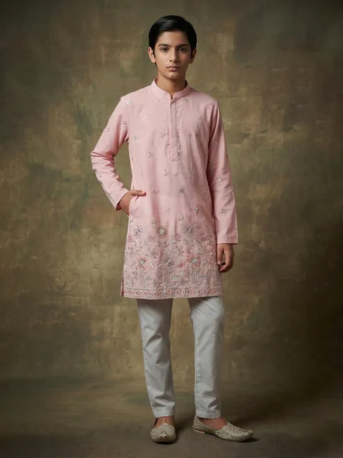 Light pink cotton silk kurta suit with sequins shine