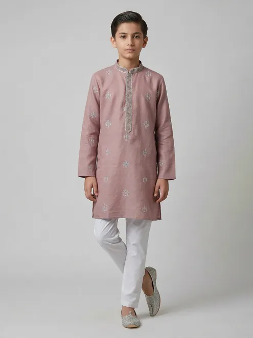 Onion pink embroidered silk kurta suit