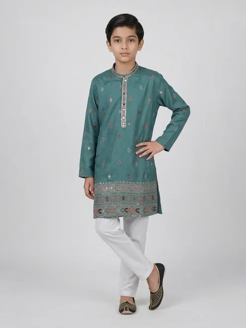 Rama green silk kurta suit for festive wear