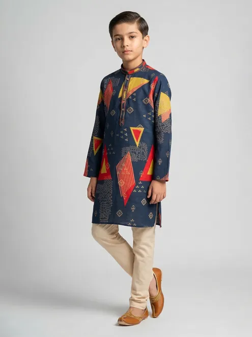 Rama blue silk zari printed kurta suit
