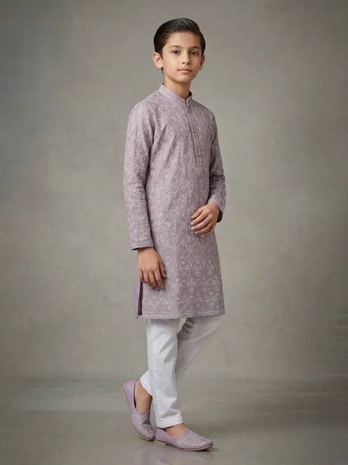Lilac purple silk embroidered and sequin work kurta suit