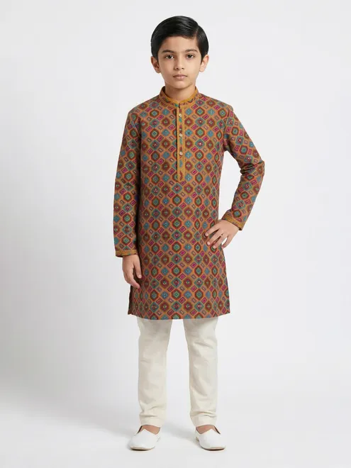 Beige silk thread and sequin boys kurta suit