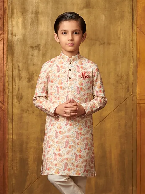 Red printed cotton silk kurta for festive