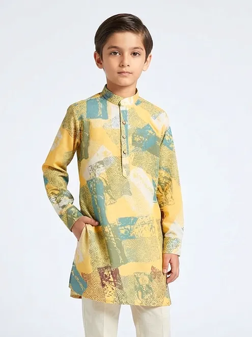 Mustard yellow printed cotton silk kurta for festive wear
