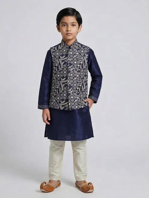 Navy silk resham and diamond waistcoat set