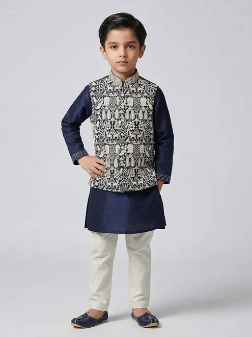 Blue silk thread embellished waistcoat set