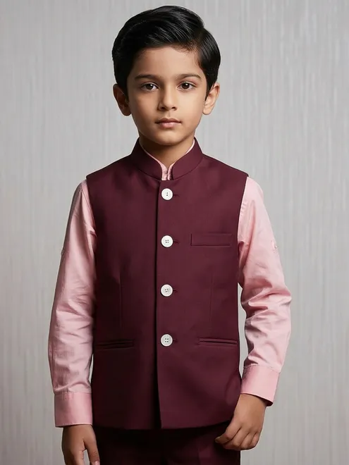 Maroon hued cotton silk waistcoat with shirt