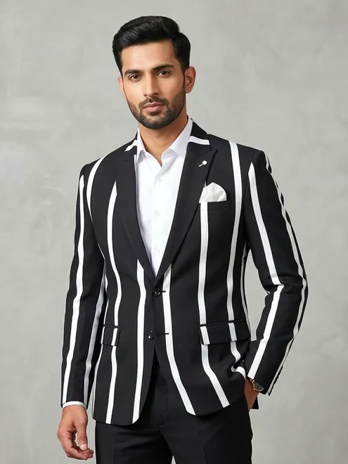 Black and white stripe terry rayon blazer