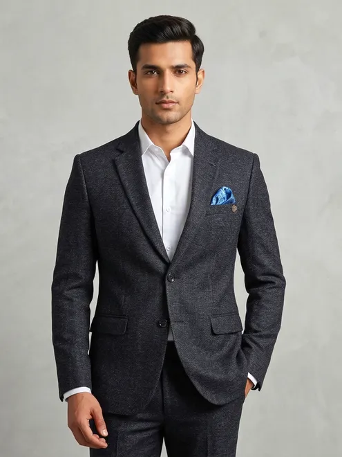 Classic black textured cotton blazer for men