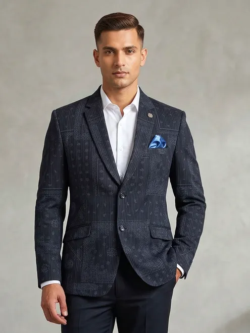 Charcoal black printed cotton blazer for men