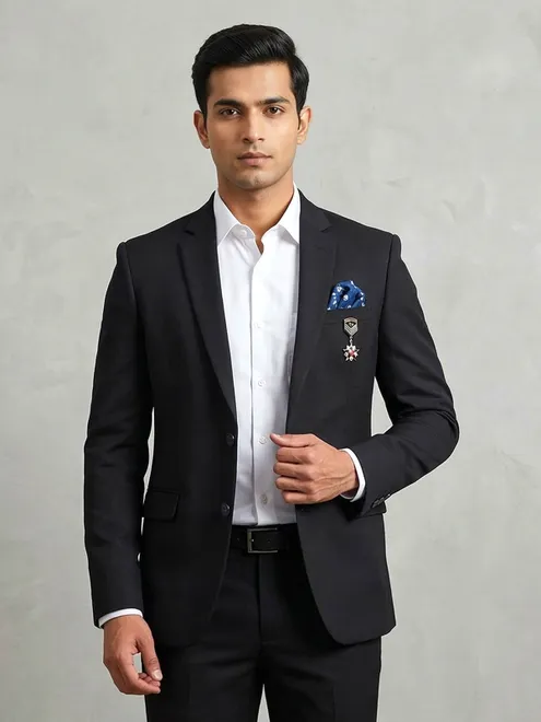 Black solid terry rayon blazer for reception