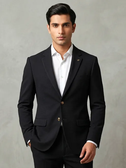 Black terry rayon solid two button blazer for receptions